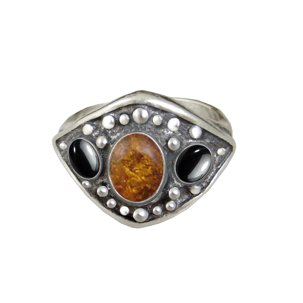 Sterling Silver Medieval Lady's Ring with Amber And Hematite Size 9
